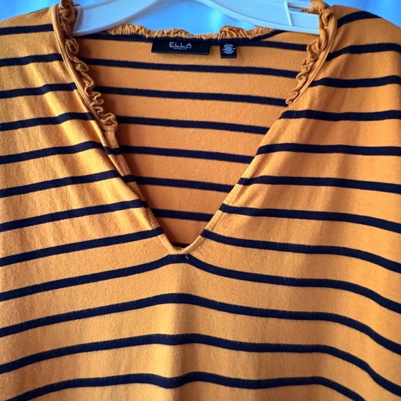 Ella Rafaella Long Sleeve Tan & Black Striped Top Ruffled Neck Elastic Cuffs XL - Picture 2 of 8